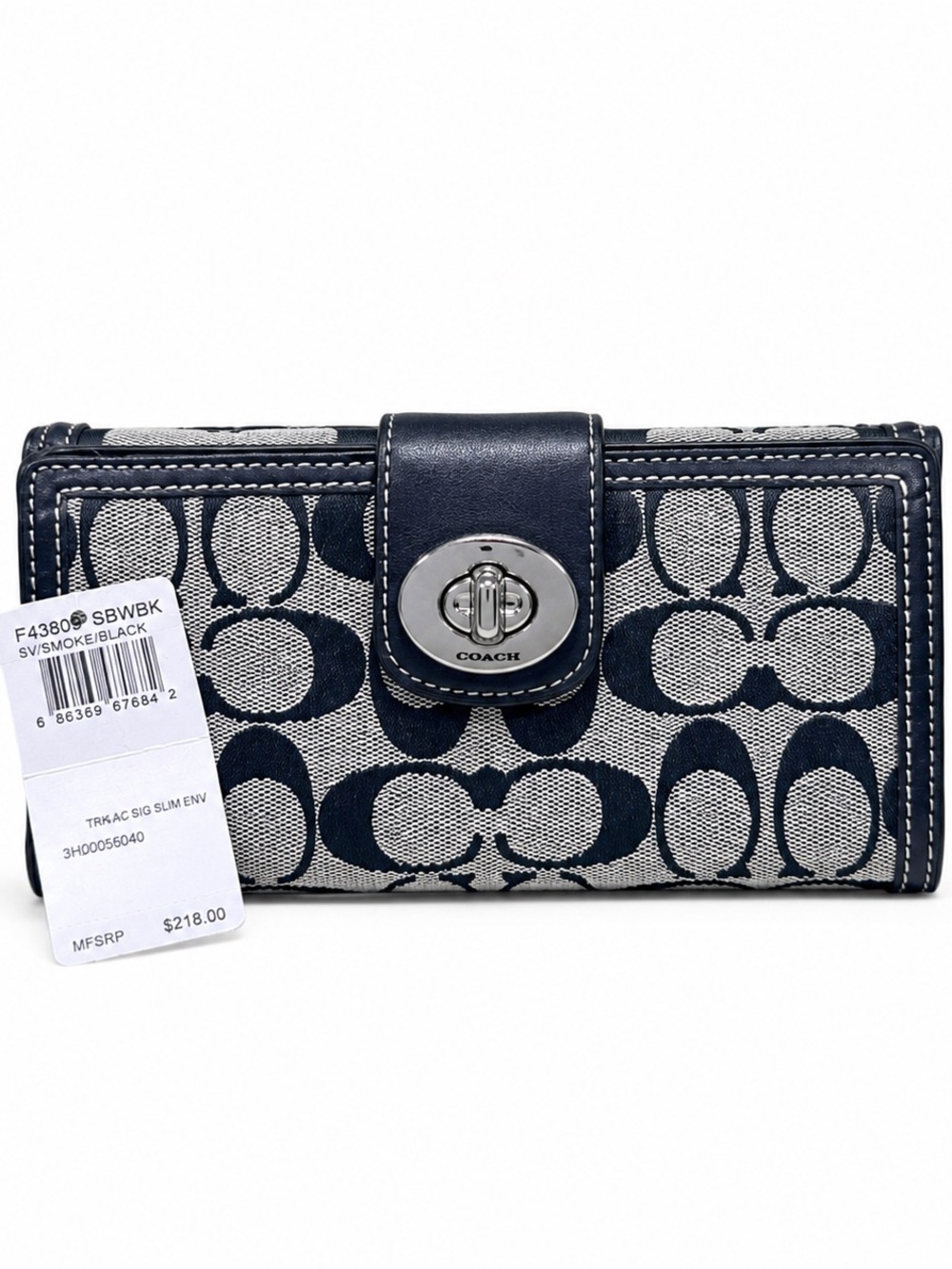 NWT Coach Vintage Signature Slim Envelope Wallet Black Gray Turnlock MSRP $218